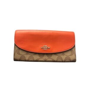 Coach Signature Slim Envelope Wallet khaki signature canvas and orange leather
